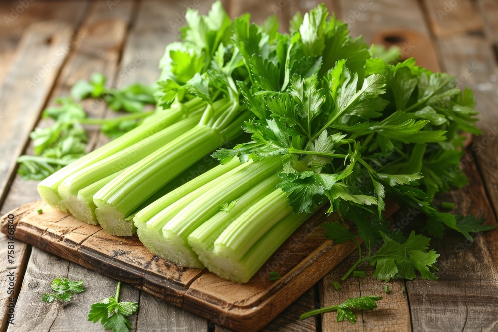 One bunch of juicy celery lies on a brown cutting board. One bunch of juicy celery lies on a brown cutting board.