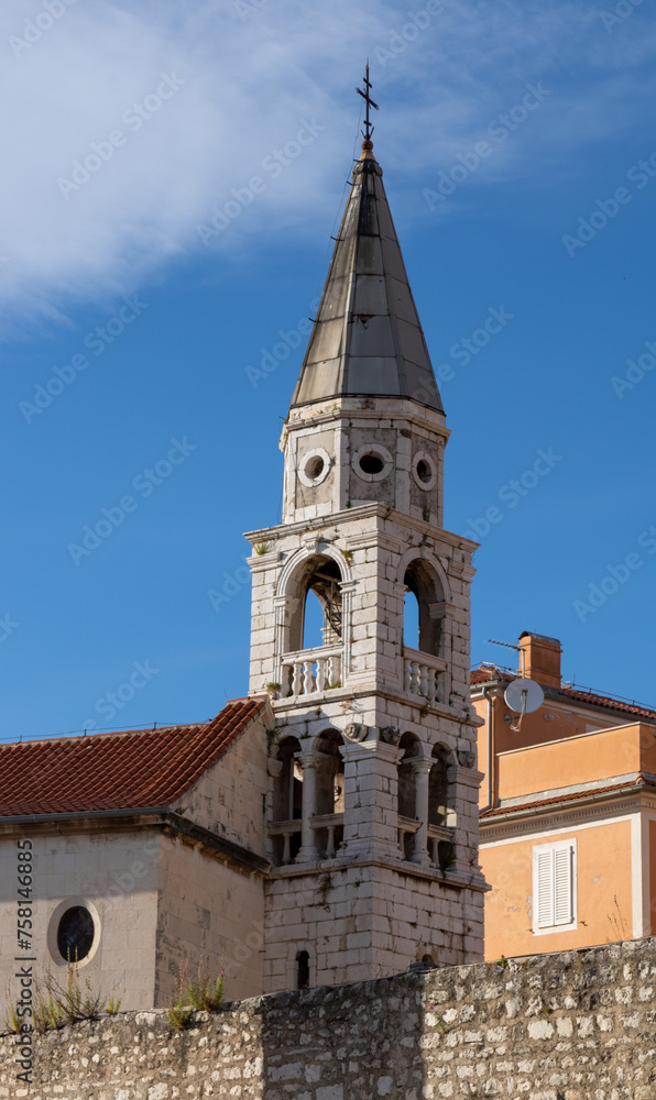 Roman forum of the beautiful Croatian city of Zadar, Stup srama (Pillar of shame), Church of St. Elijah,  the Crkva sv. Donata, Church of St. Donatus of Zadar, Cathedral Tower, Croatia.