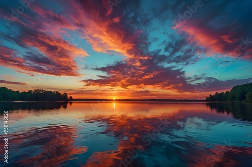 The image captures a breathtaking sunset over a calm lake, with vibrant colors reflecting off the water, creating a serene and mesmerizing atmosphere   © solom