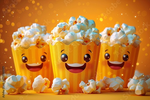 ONE large kernel of popcorn smiles in cartoon style. photo