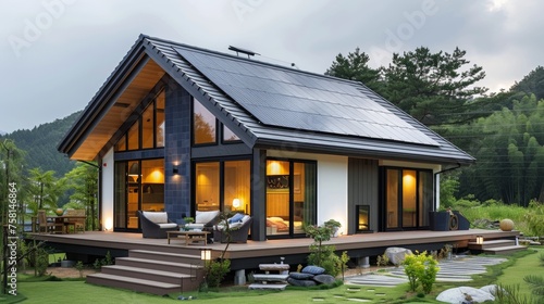 Modern villa hung with solar panels
