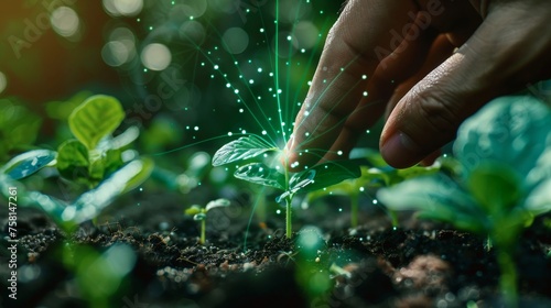 Close-up of a hand nurturing a plant with integrated agricultural technology