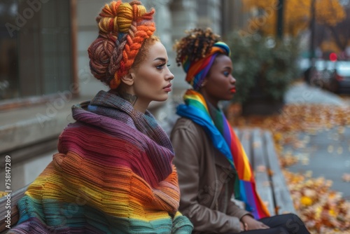 Virgo's LGBT girlfriends sit on the sidewalk, wrapped in the LGBT flag.