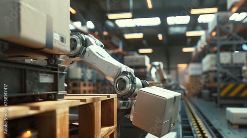 Packing and moving robots working in logistics warehouses.
