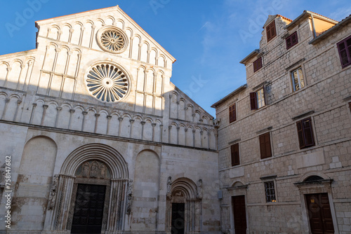 Main facade of Zadar Cathedral Prvostolnica SV. Stošija (Anastazija) the largest in the Dalmatia region of Croatia. It was built between the 12th and 14th centuries, Romanesque and Gothic style.