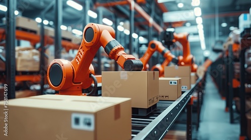 Packing and moving robots working in logistics warehouses. © B.Panudda