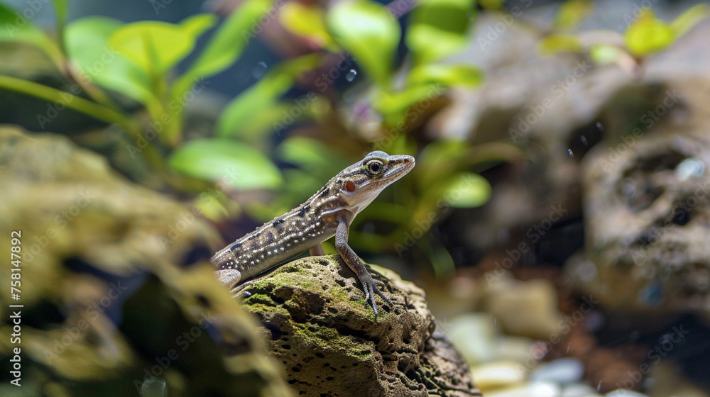 Obraz premium a lizard looking for a way out of the aquarium that is its home
