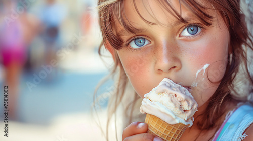 Garota de 8 anos tomando sorvete na rua  photo