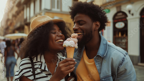 Casal afro tomando um sorvete na cidade photo