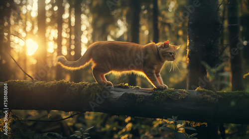 Gato laranja andando sobre um tronco de arvore suspenso na floresta  photo