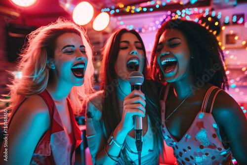 Best female friends singing into a microphones at karaoke night. Three cheerful young women singing their favorite songs at a house party.