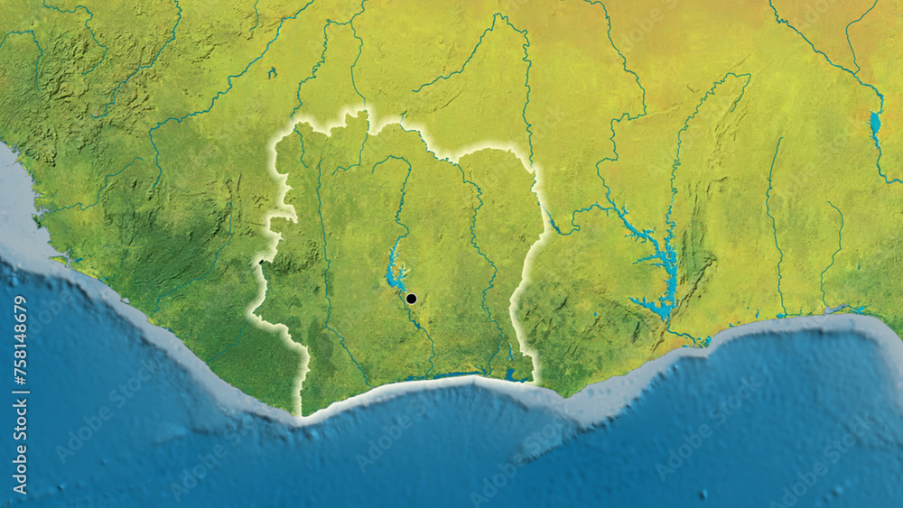 Shape of Ivory Coast. Glowed. Topographic.