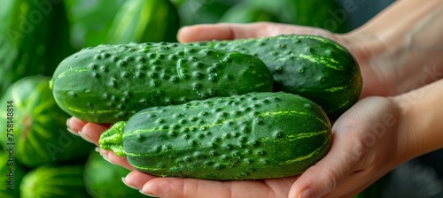 Hand holding fresh crisp cucumber with selection on blurred background  perfect for text