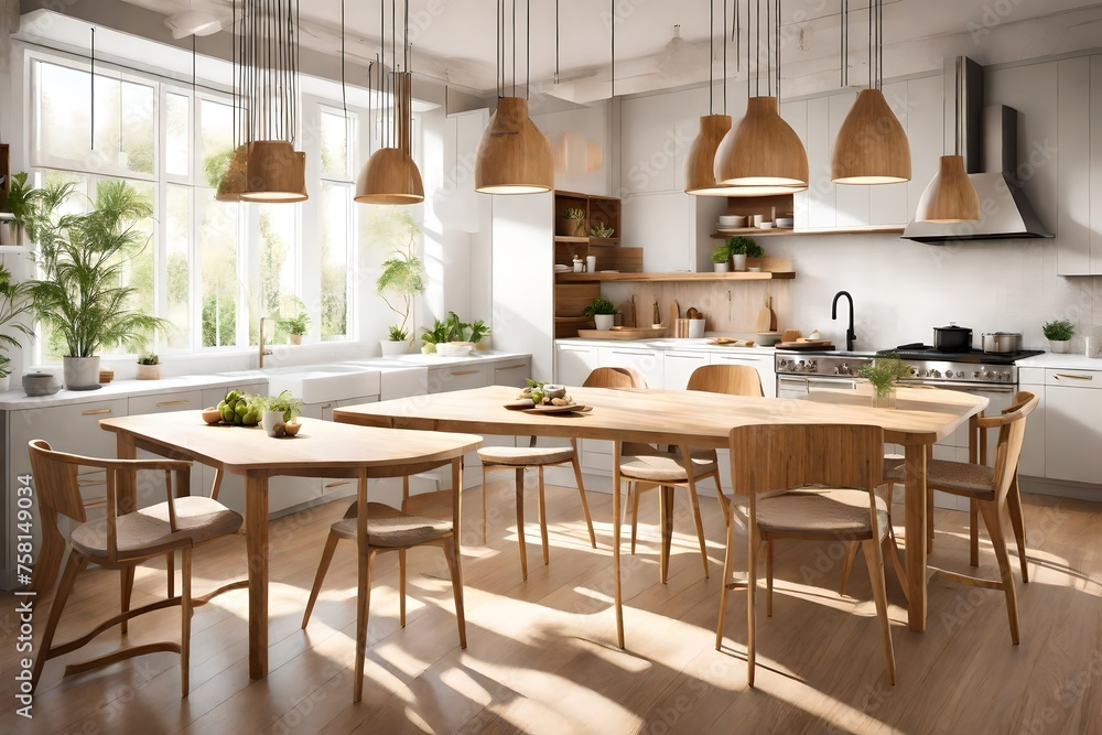 A serene kitchen with bamboo accents and soft pendant lights hanging over a wooden dining table.