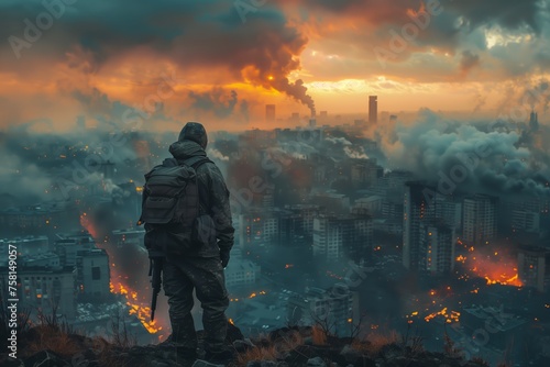 Solitary figure overlooking a burning cityscape