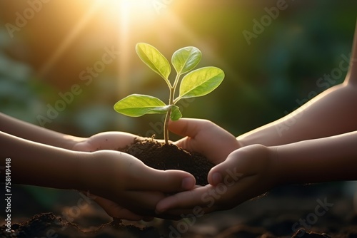 Children's hands hold a tree sprout in their palms, eco concept and conservation and renewal of nature, new life