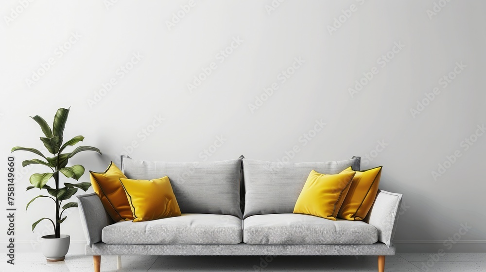 Gray sofa with bright yellow pillows and white walls with copy space. Scandinavian style home interior design - obrazy, fototapety, plakaty 