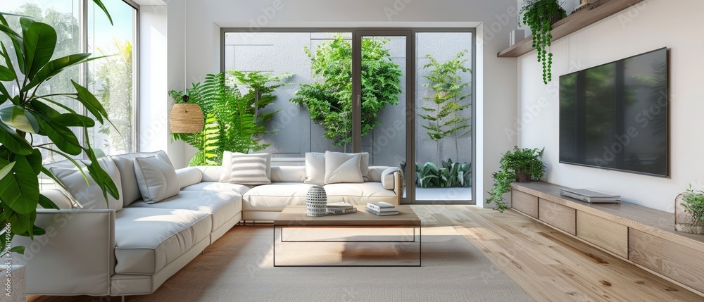 Fototapeta premium modern living room in townhouse panorama. 3d rendering.