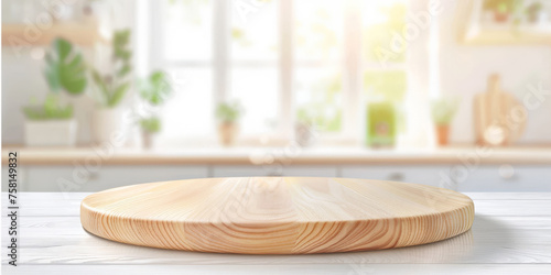 Empty  wood table top counter and blur bokeh modern kitchen interior background in clean and bright,Banner, Ready for product montage. empty wooden table top counter on interior kutchen background photo