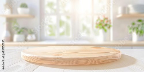 Empty  wood table top counter and blur bokeh modern kitchen interior background in clean and bright,Banner, Ready for product montage. empty wooden table top counter on interior kutchen background photo