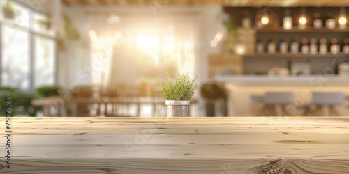 empty wood table top with blurred bar in background, with bokeh lights.for product display montage. Concept for advertising design, layout presentation.banner. empty wooden table on bokeh light