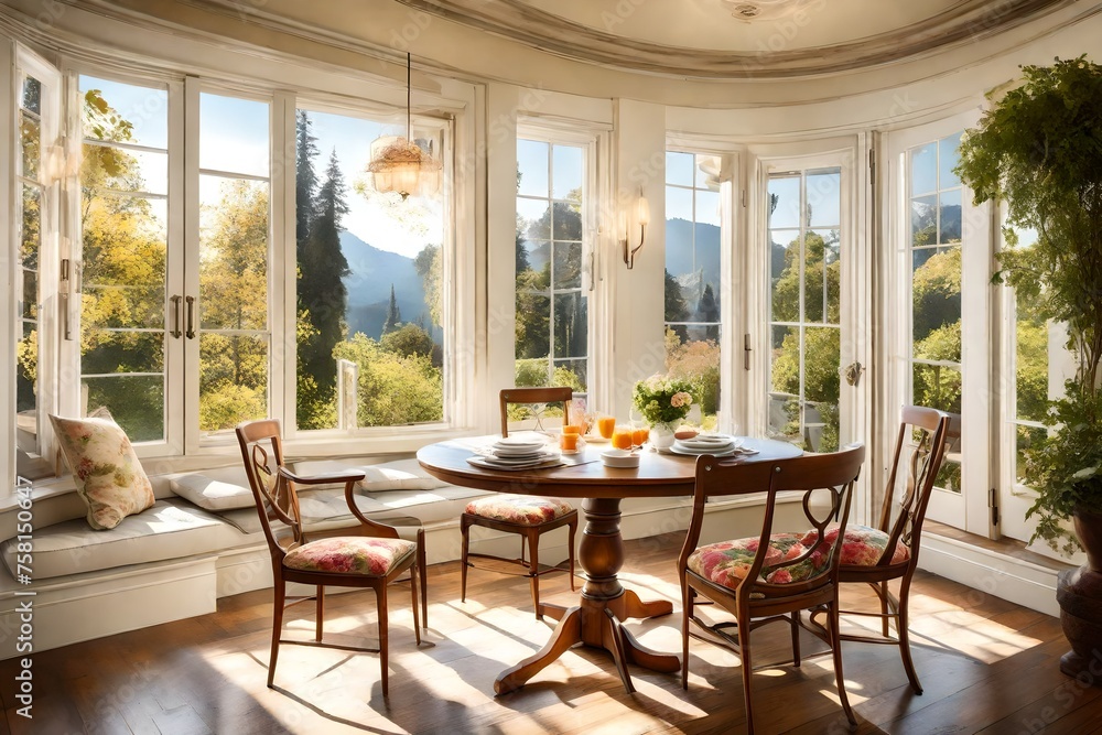 Sunlit breakfast nook with a round table, floral accents, and views of the garden. Sunlit breakfast nook with a round table, floral accents, and views of the garden.