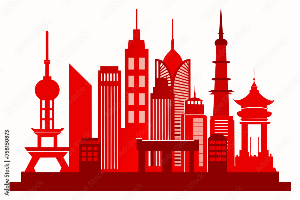 Shanghai buildings, high-definition detailed and complete, silhouette (red), white background