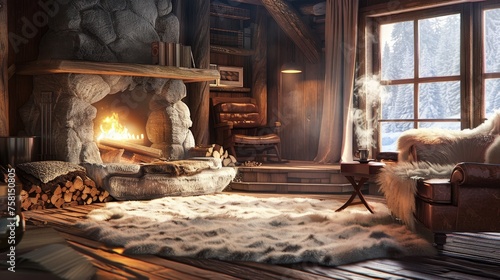 Cozy fireplace crackling in a living room with armchairs