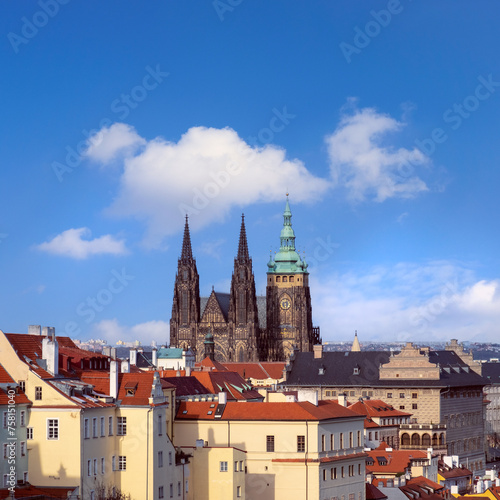 A bustling city with towering skyscrapers and a prominent clock tower dominating the skyline. photo