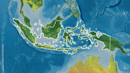 Shape of Indonesia. Glowed. Topographic.