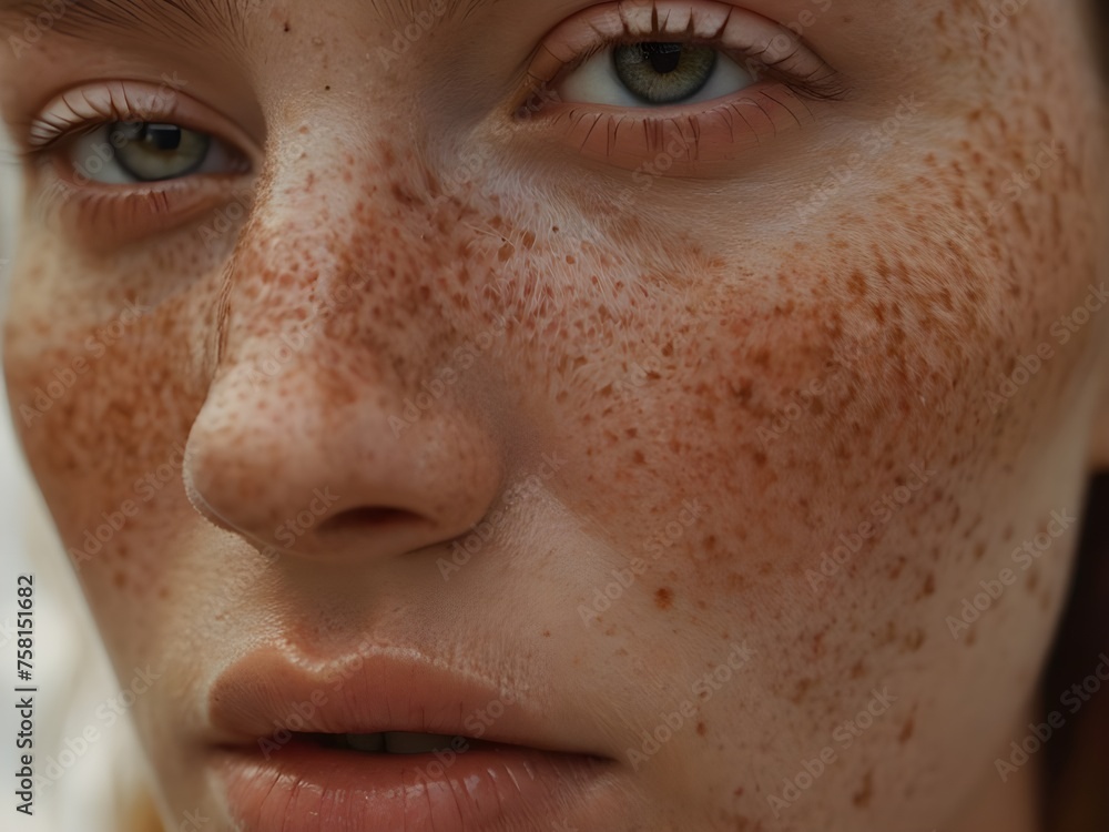 Fototapeta premium Woman's face, captured in close-up, shows her unique freckles that adorn both her skin and her eyes. Generative AI