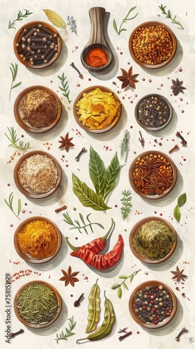 A Painting of Spices and Herbs in Bowls