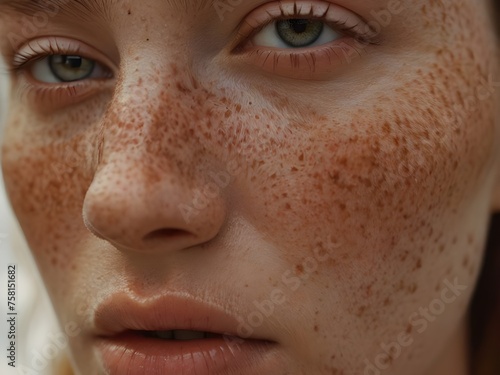 Woman's face, captured in close-up, shows her unique freckles that adorn both her skin and her eyes. Generative AI