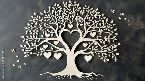 Intricate papercut of a family tree with names and hearts, celebrating generations of mothers, Mother's day background, with copy space
