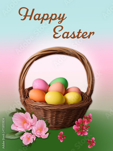 easter eggs in a basket with flowers