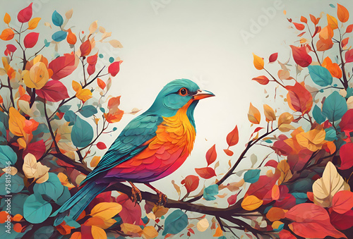 A colorful bird on a colorful branch