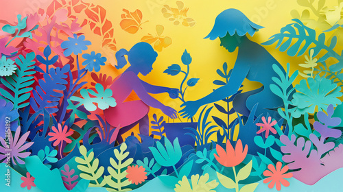 A vibrant papercut of a garden scene with a mother and child planting together, Mother's day background, with copy space photo