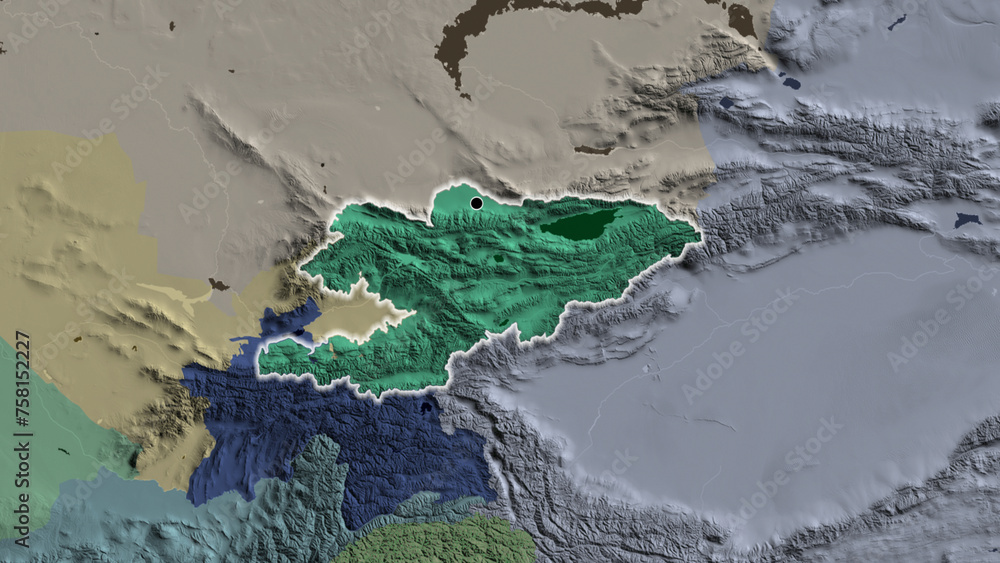 Shape of Kyrgyzstan. Glowed. Administrative.