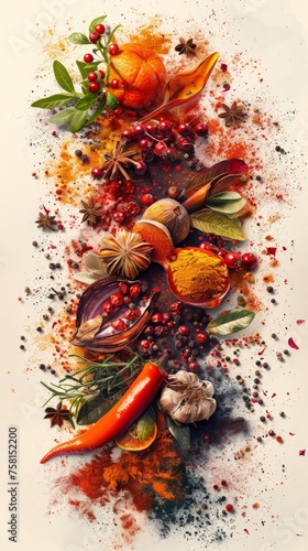 Painting of Spices and Herbs on White Background
