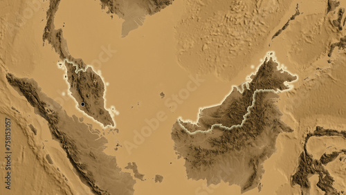 Canvas Print Shape of Malaysia. Glowed. Sepia elevation.