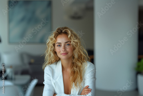 Happy young smiling confident professional business woman wearing white suit, pretty stylish female executive looking at camera, standing arms crossed on white background