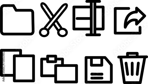Folder, cut,  rename, share, copy, paste, save and delete icons. Replaceable vector design. photo