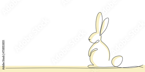 Zajączek wielkanocny rysowany jedną ciągłą linią. Zając i jajko wielkanocne z żółtym akcent. Tło na świąteczne banery. Sylwetka uroczego królika w prostym minimalistycznym stylu. Ilustracja wektorowa.
