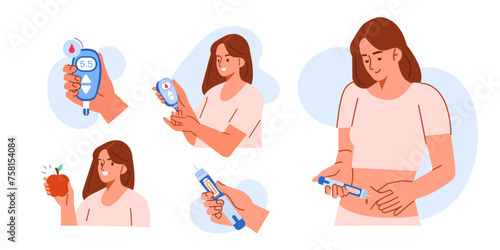 Diabetes treatment concept set. Collection of woman check monitor blood sugar level with glucometer and make insulin injection with pen. Vector illustration.