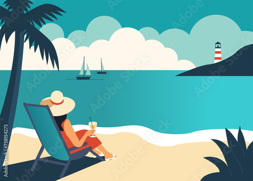 Back view of woman relaxing at the sand beach, drinking cocktail, enjoying sea landscape. Summer holidays, travel, vacation vintage minimal poster. Vector illustration.