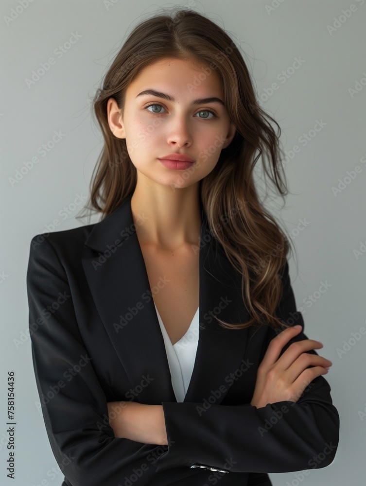 Business woman wearing black suit and arms crossed on a neutral background Business woman wearing black suit and arms crossed on a neutral background