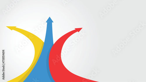 three curved flexible arrows going up to different direction, represent diverse decisions, different goals and steps to do