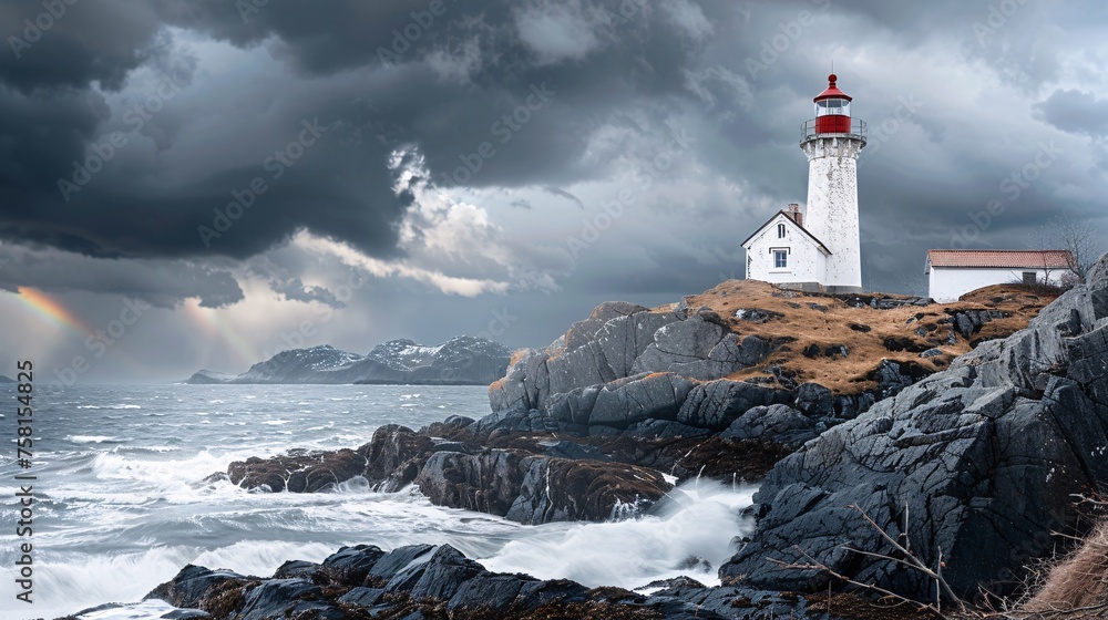 An up-close perspective capturing the weathered charm of a historic lighthouse perched atop rugged coastal cliffs, overlooking crashing waves and dramatic rock formations on a stormy winter afternoon