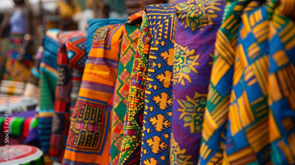An up-close perspective capturing the vibrant colors and intricate patterns of traditional African kente cloth, handwoven with symbolic motifs and bright geometric designs