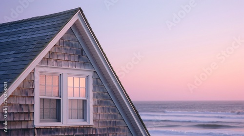 An up-close perspective capturing the weathered wooden shingles and charming dormer window of a coastal Cape Cod-style home, bathed in the soft hues of a pastel sunrise on a tranquil summer morning photo